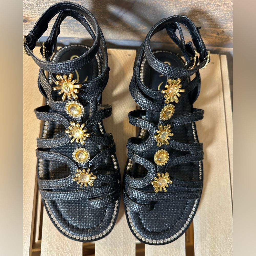 Sam Edelman Black Sandals with Gold Floral Accents